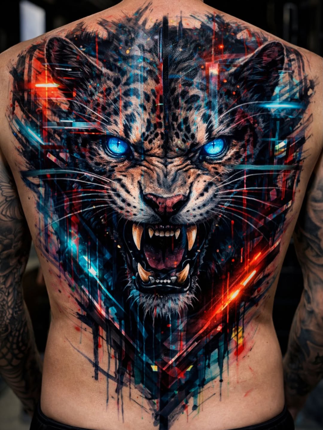 Leopard face with abstract geometric background watercolor tattoo on the back by Israel De Jesus Legonier Aguliera