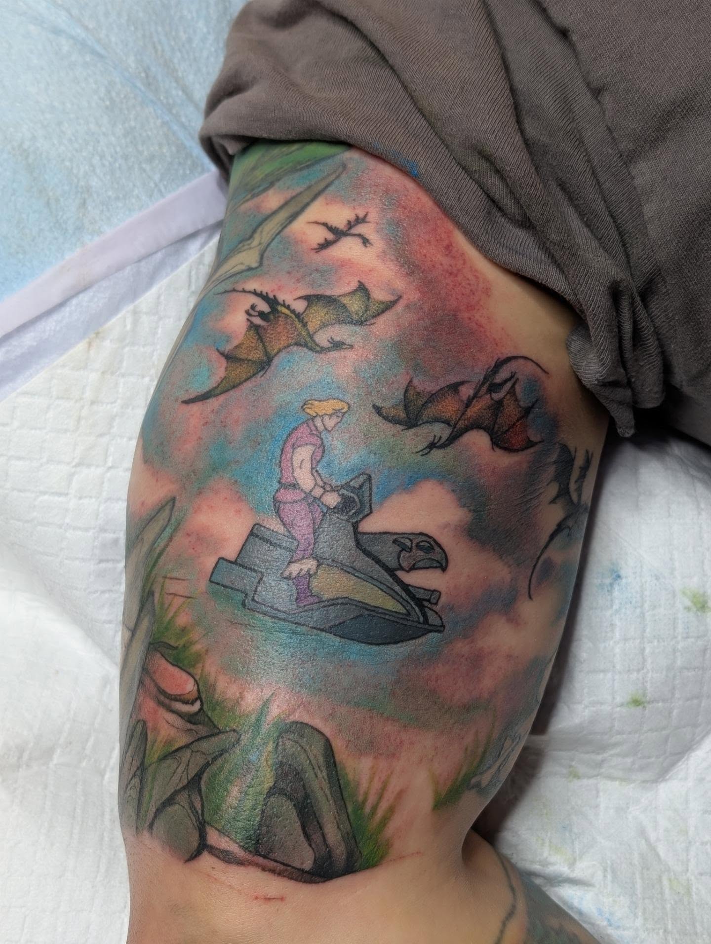 Jet ski rider new school tattoo on the thigh by Kelly Von Tattoos, Saxapahaw, North Carolina