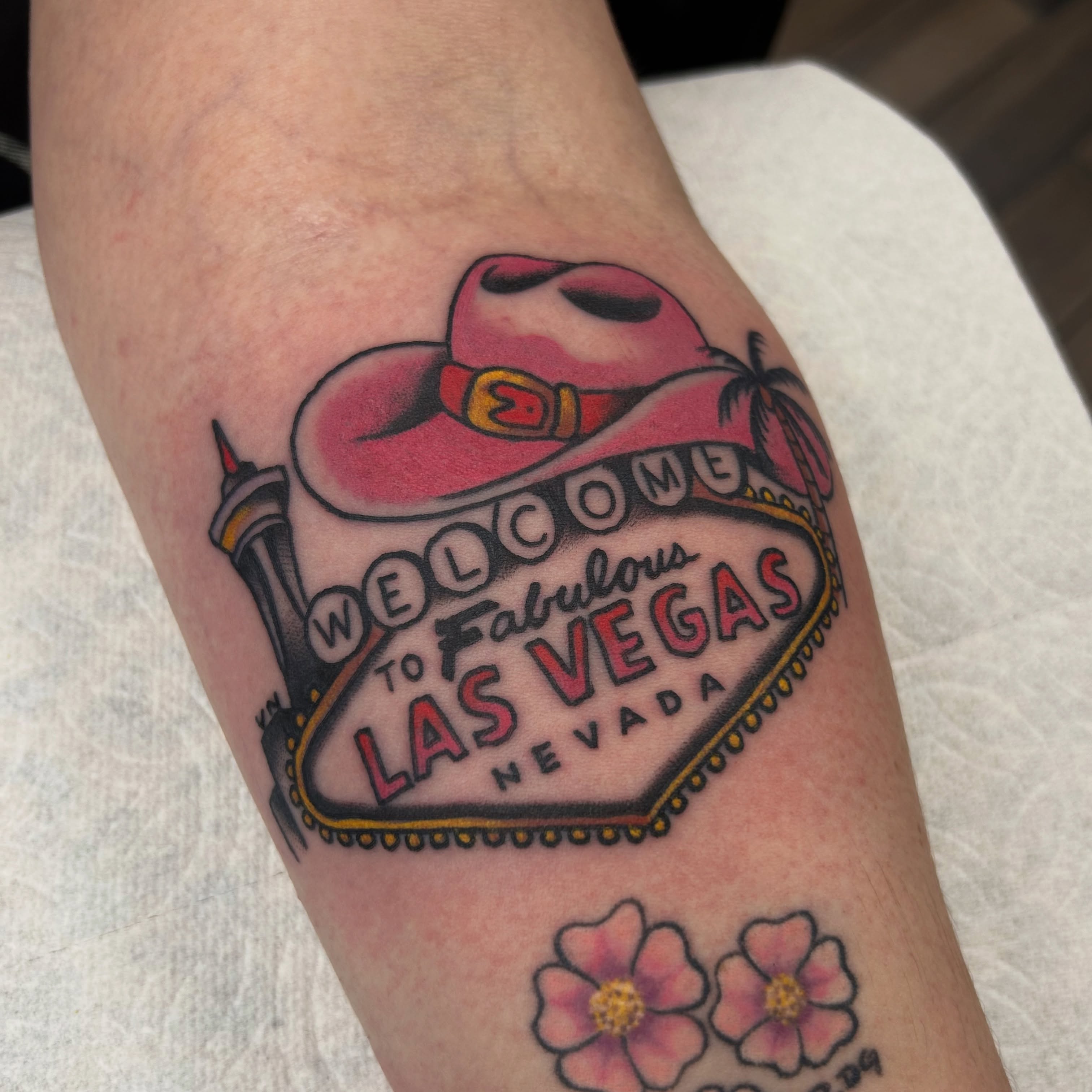 Welcome to Fabulous Las Vegas sign American traditional tattoo on the forearm by Vivian Nguyen