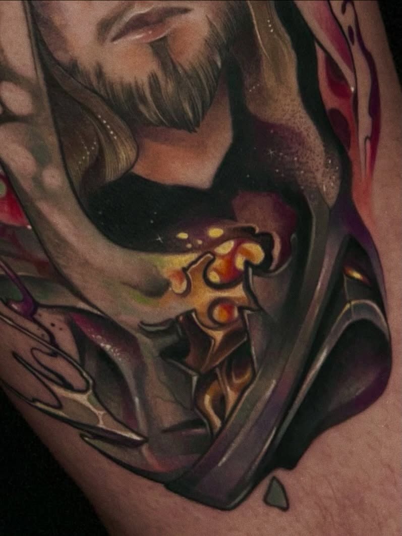 Fantasy warrior realism tattoo on the thigh by Mattison Fire 🔥Tallahassee Tattoo Artist