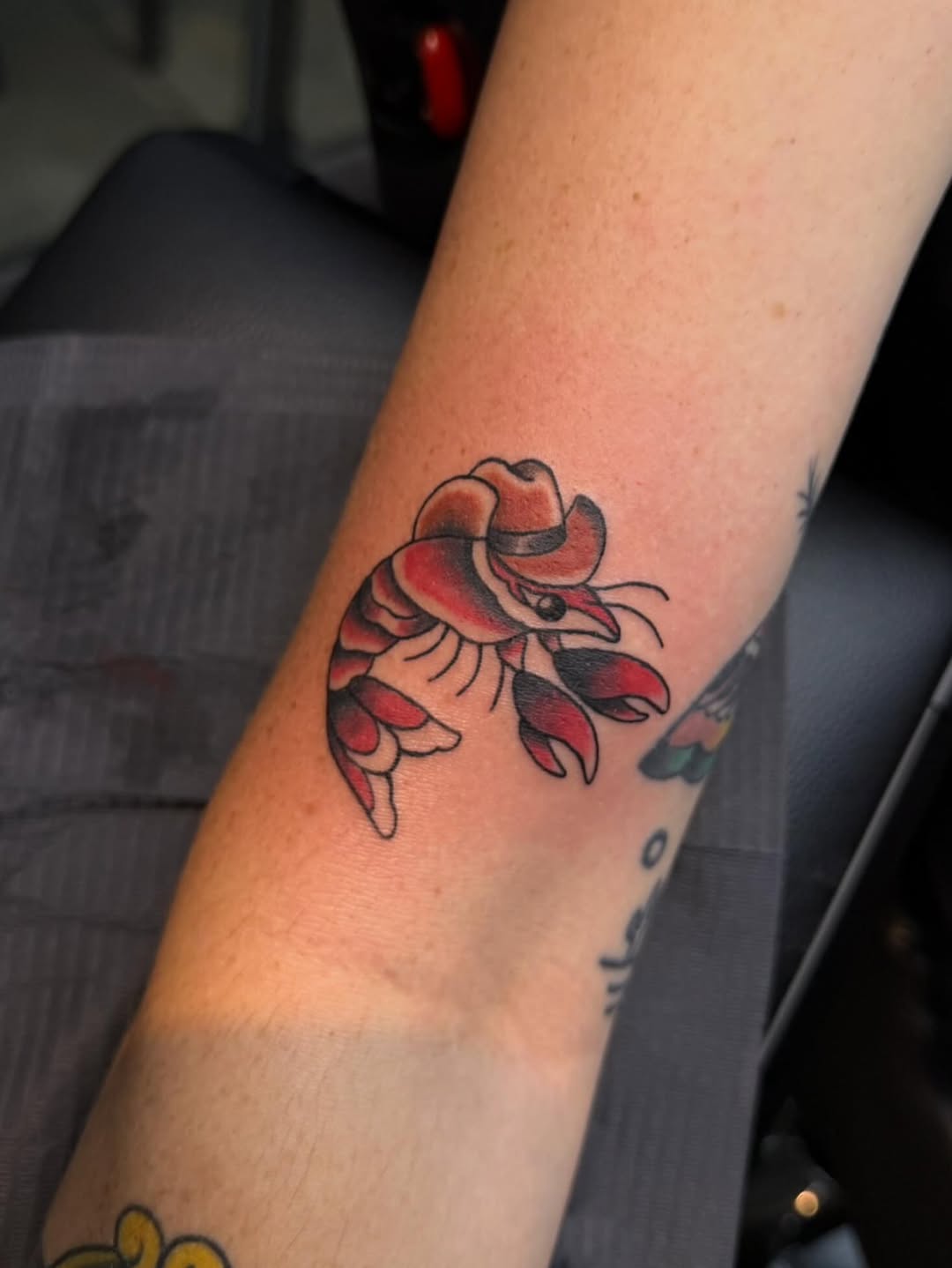 Cowboy shrimp American traditional tattoo on the forearm by Alaska ⚜️