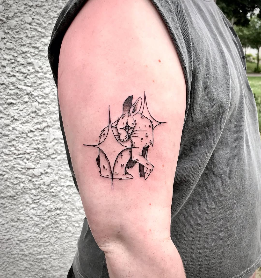 Rabbit in geometric frame fine line tattoo on the forearm by Karson