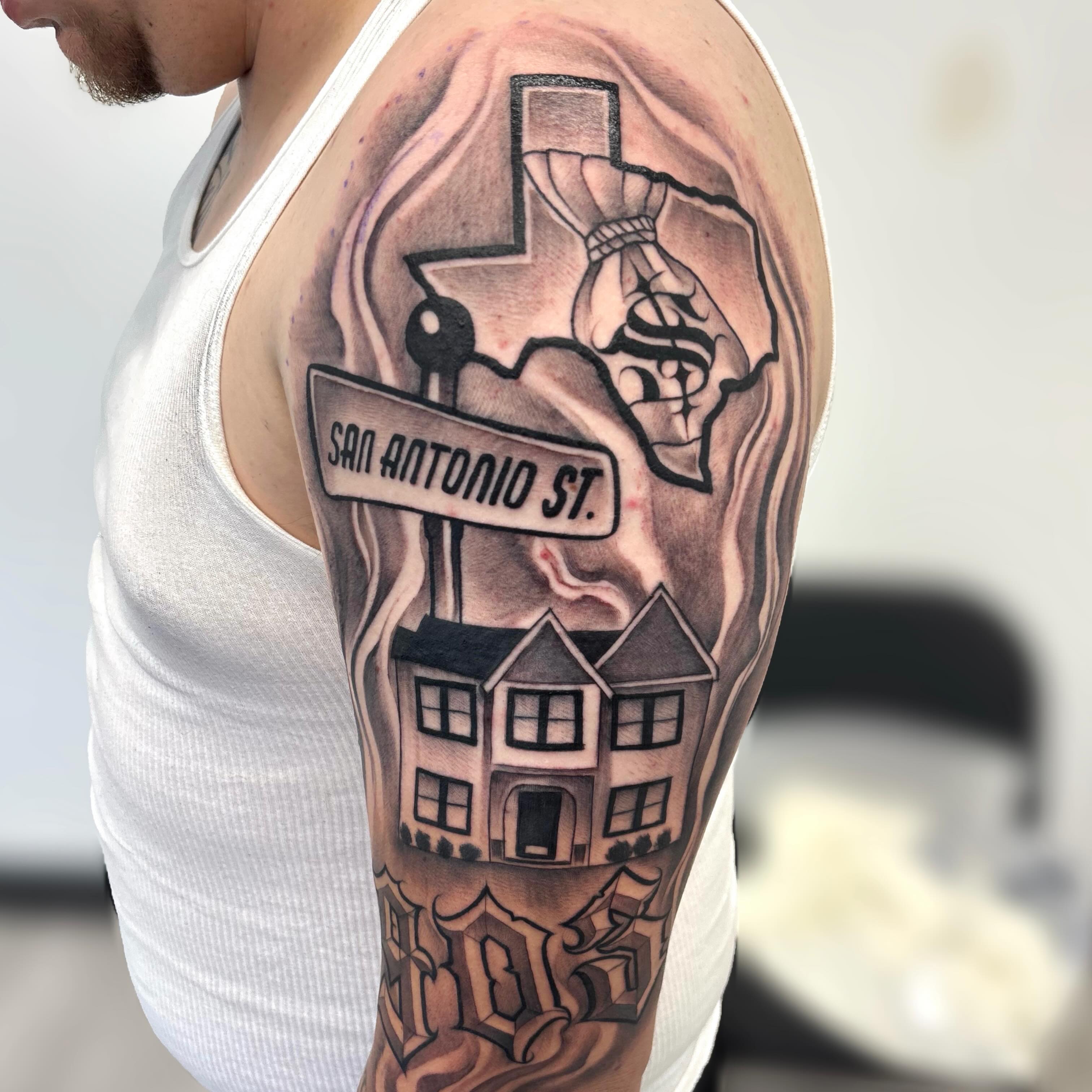 San Antonio street sign American traditional tattoo on the forearm by Dallas Tattoo Artist