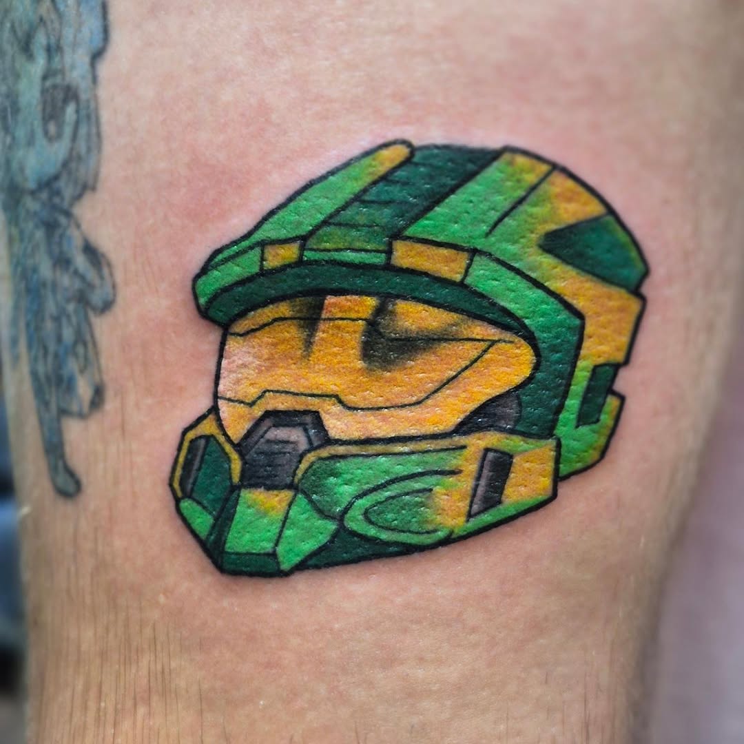 Master Chief helmet new school tattoo on the forearm by Bobby H