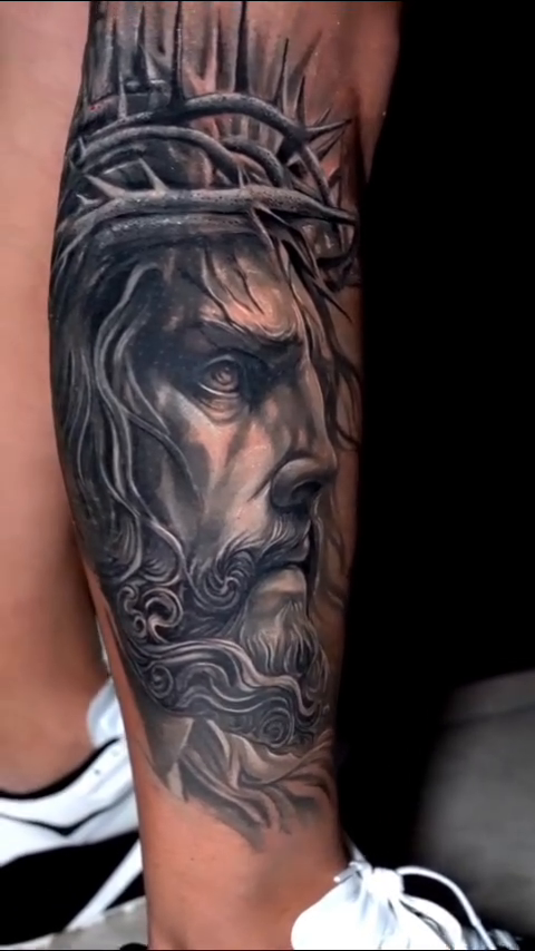 Jesus Christ portrait Chicano tattoo on the forearm by 𝐍𝐄𝐗'𝐒 𝐈𝐍𝐊 🇨🇺, Tampa