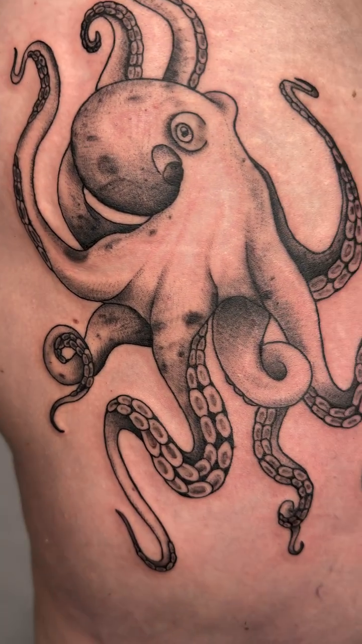 Octopus tattoo dotwork tattoo on the thigh by Charlotte (Luna), Seattle, Washington