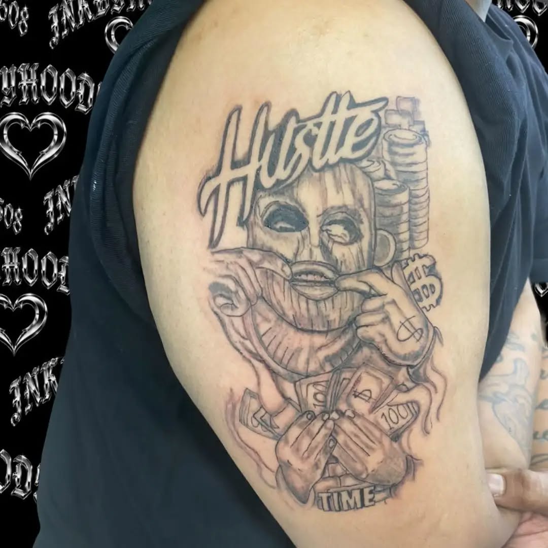 Mask with money and text realism tattoo on the shoulder by Hood