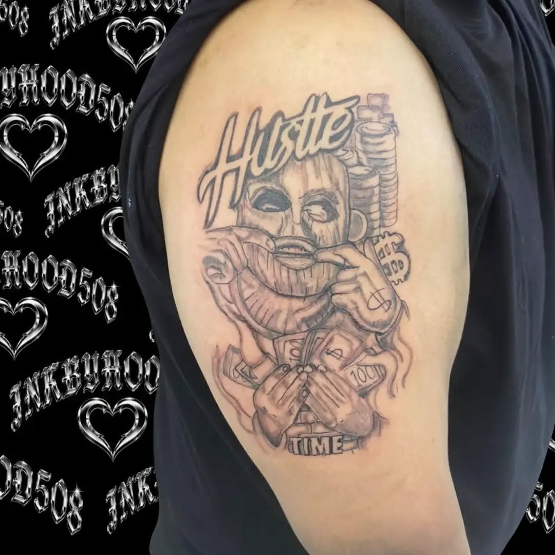 Mask with money and text realism tattoo on the shoulder by Hood