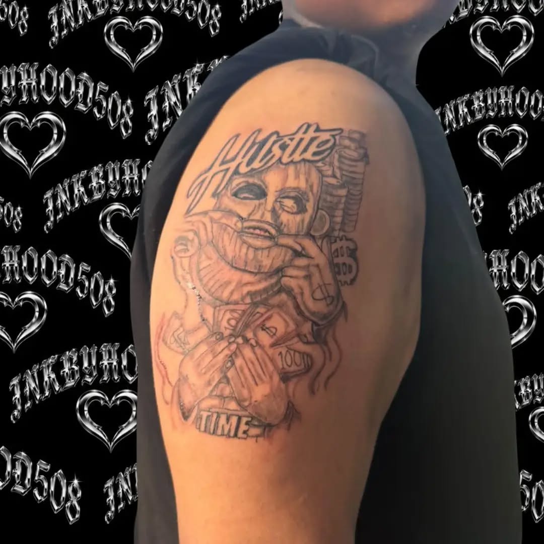 Character with money and text realism tattoo on the shoulder by Hood