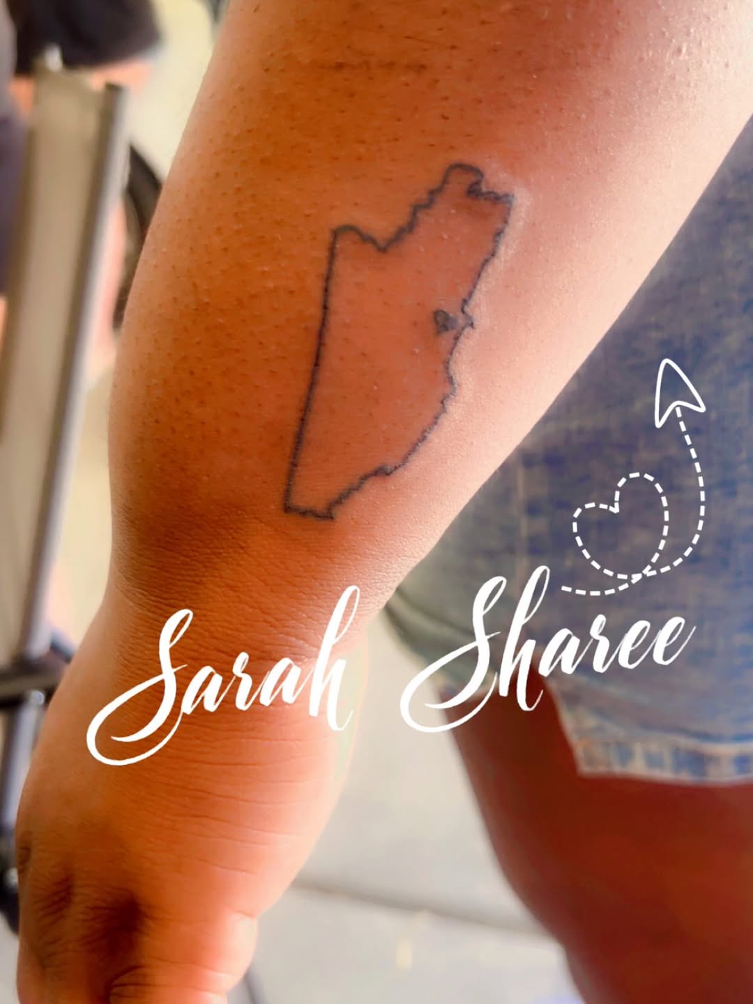 Map outline with names tattoo on the forearm by Sarah Sharee💃🏽