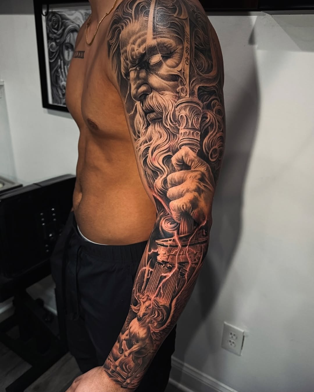 Poseidon with trident and Pegasus Japanese tattoo on the forearm by Gee Lagunas 🇲🇽, Springfield, Virginia