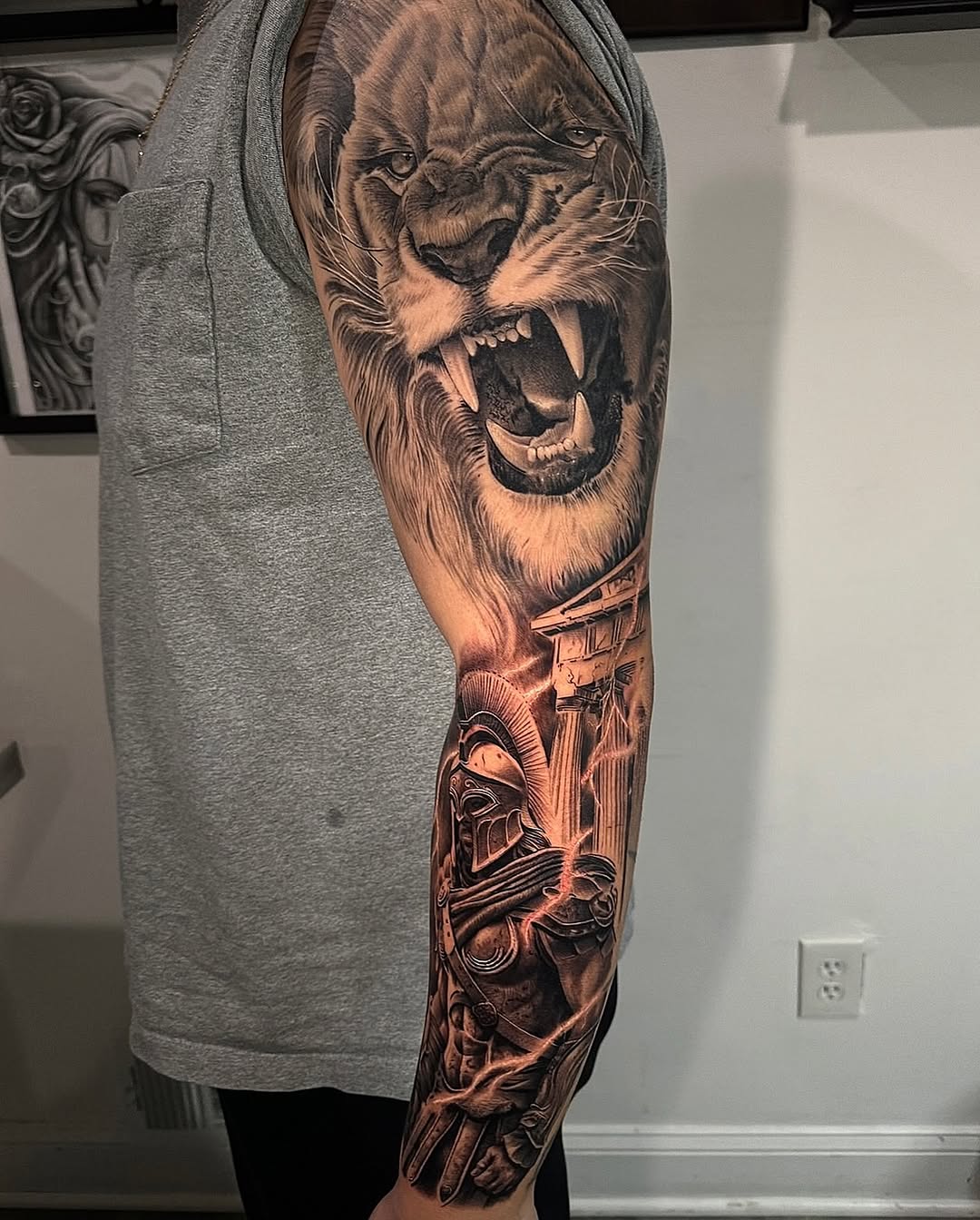 Lion and spartan warrior Japanese tattoo on the forearm by Gee Lagunas 🇲🇽, Springfield, Virginia
