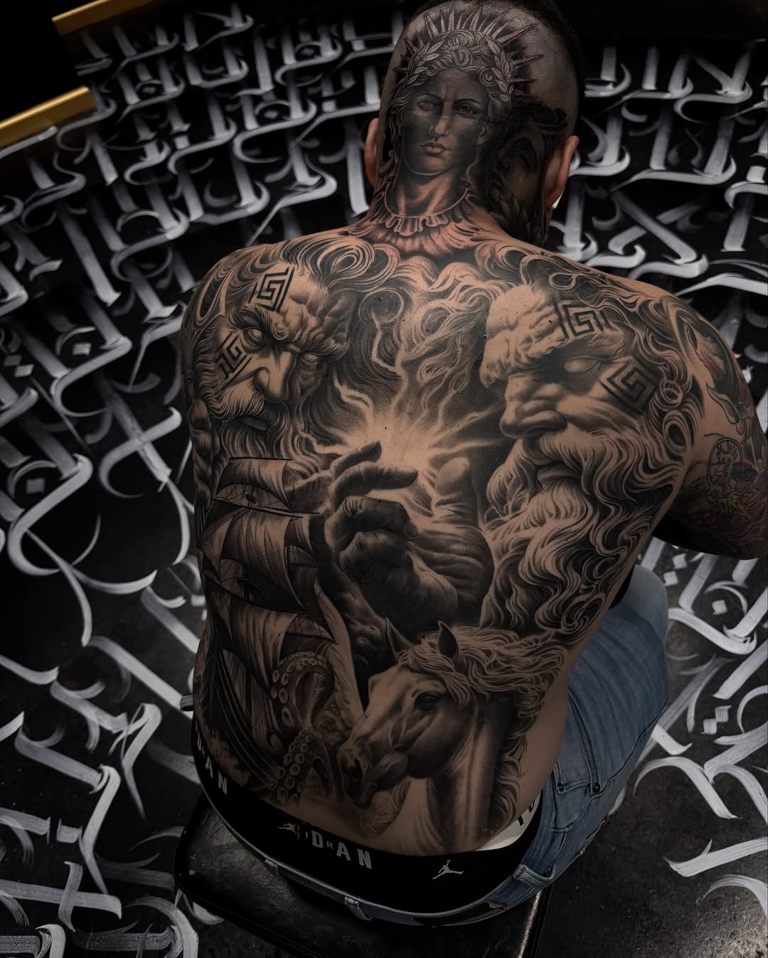 Mythological scene with ship and horse realism tattoo on the back by Gee Lagunas 🇲🇽, Springfield, Virginia
