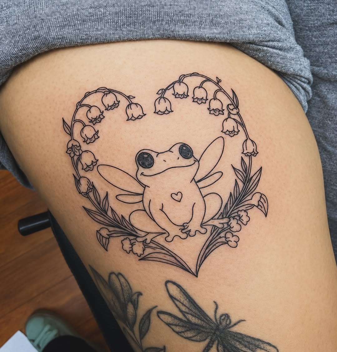 Fine line tattoo on the thigh by Kraken ink Tattoo, San Francisco, California