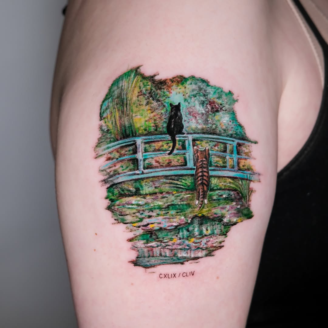 Bridge with cats watercolor tattoo on the thigh by NAS