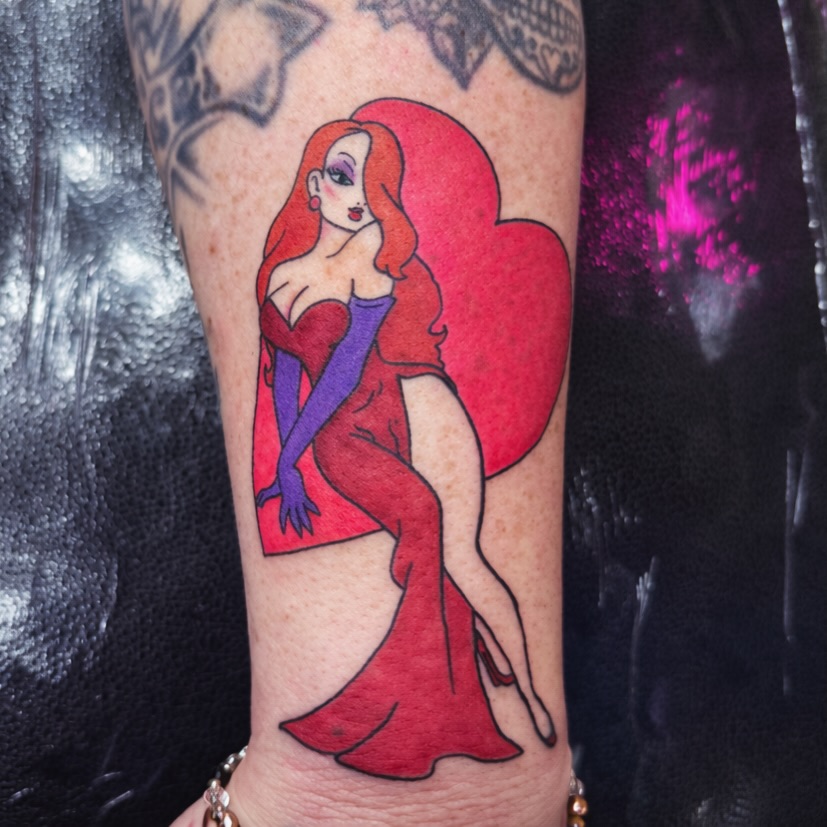 Jessica Rabbit neo-traditional tattoo on the forearm by Kraken ink Tattoo, San Francisco, California