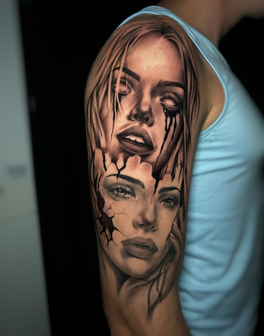 Two portraits of women realism tattoo on the forearm by Blot_Tattoo