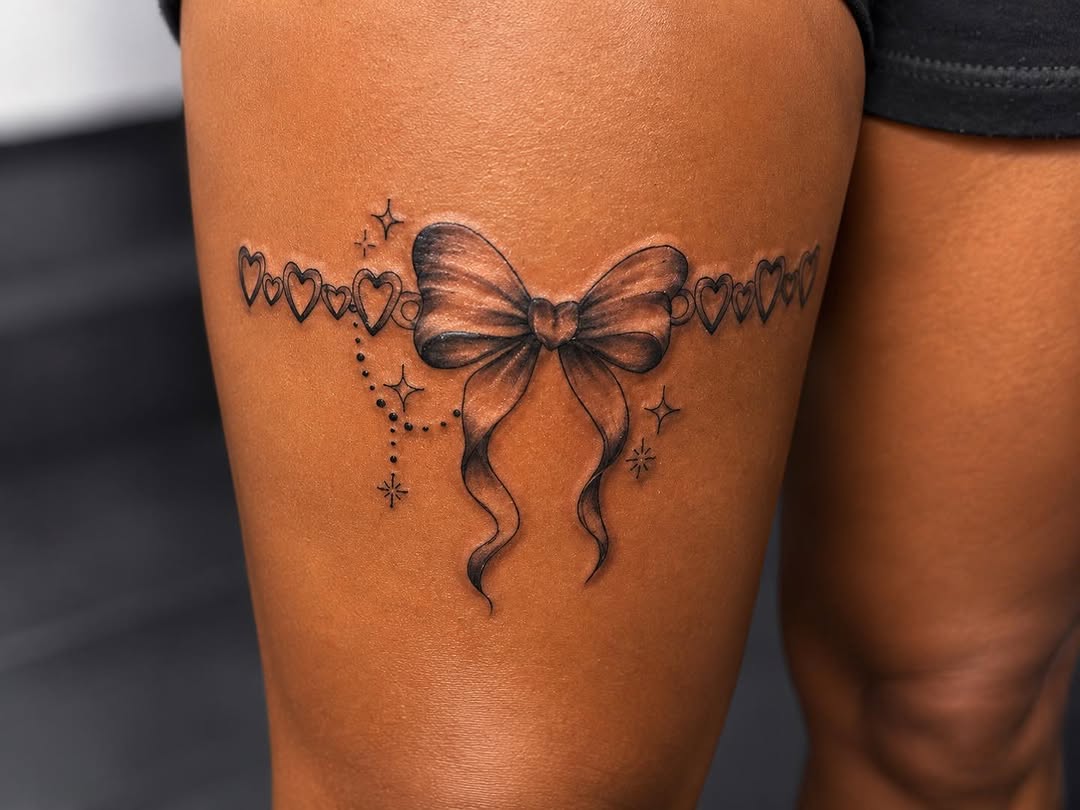 Bow and hearts garter fine line tattoo on the thigh by Flamboyant