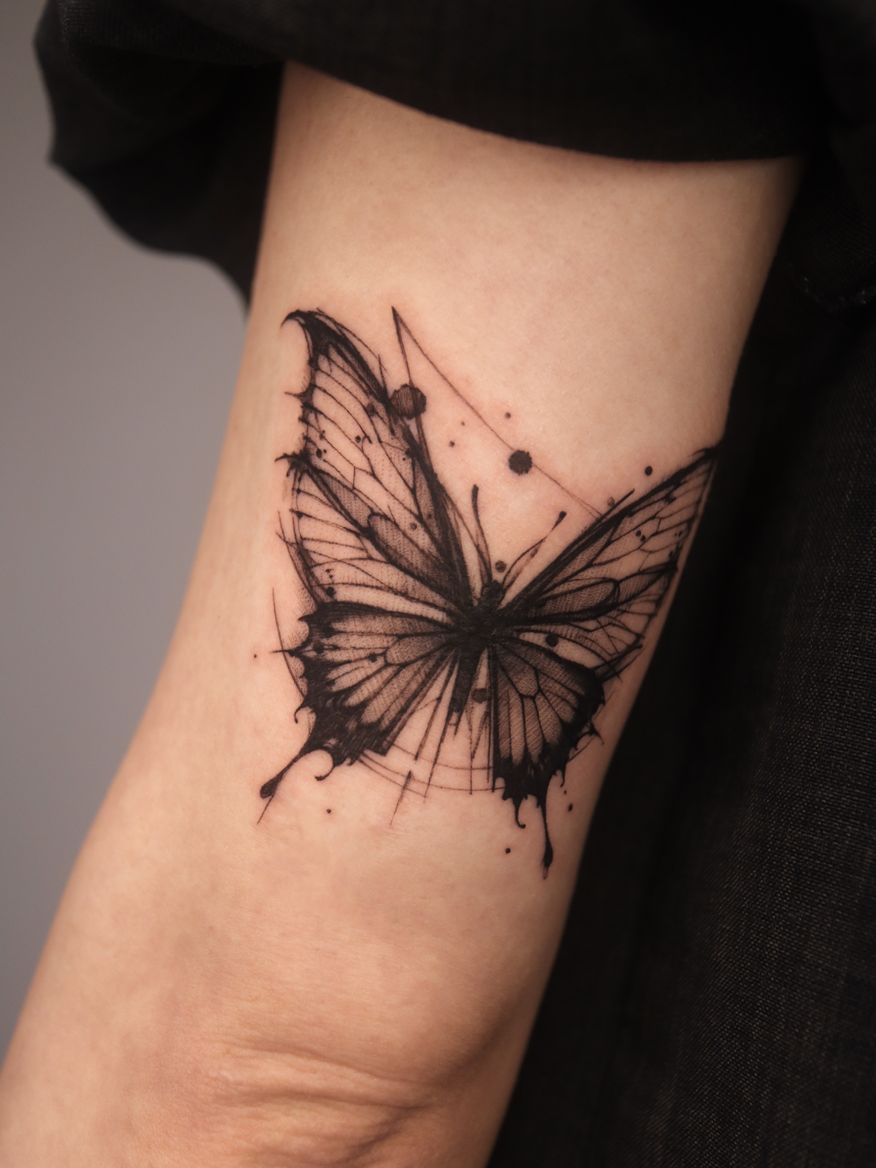 Butterfly dotwork tattoo on the forearm by @tattoo_chamsae