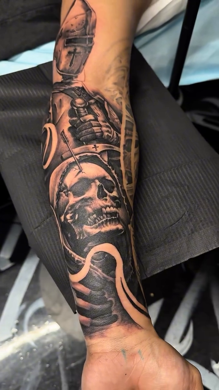 Tattoo by @heavyhitterbam — black_and_grey, realism