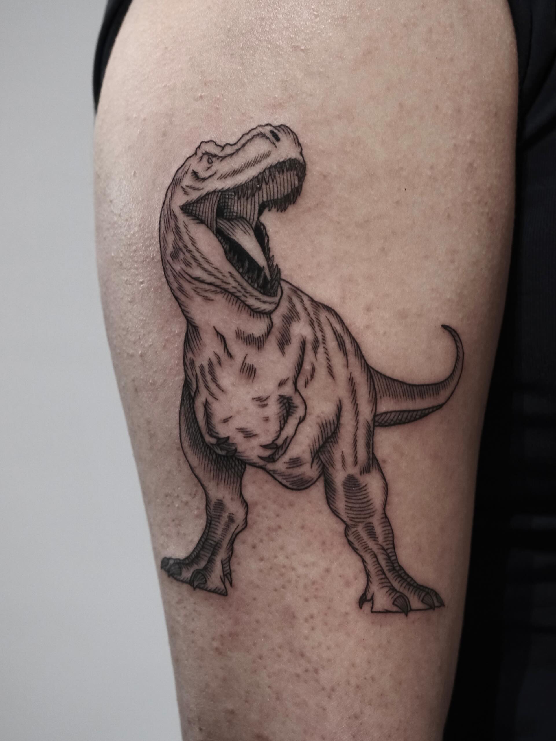 T-rex black and grey tattoo on the thigh by Peter(피터)