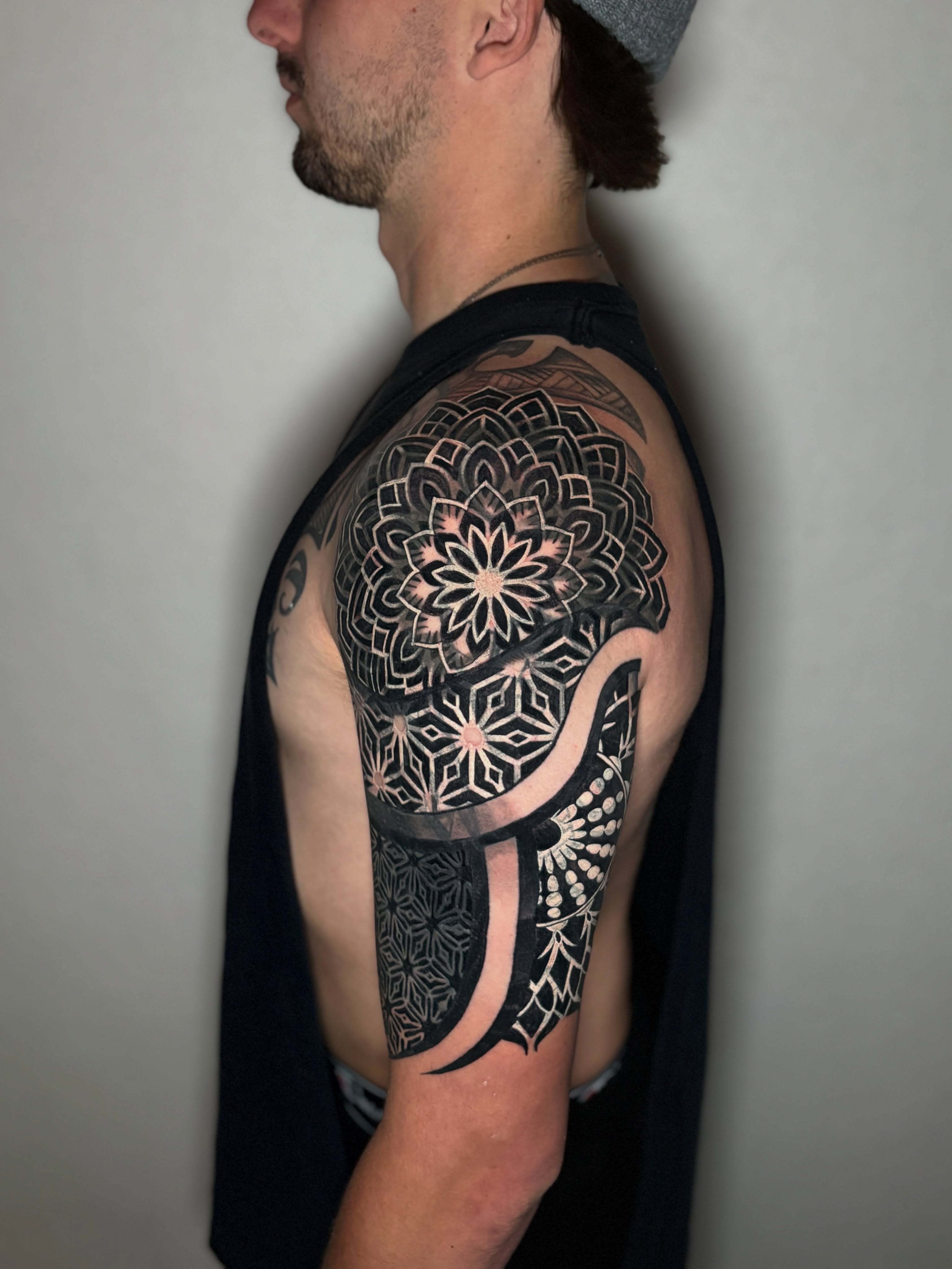 Geometric mandala geometric tattoo on the shoulder by Tony Lucero, Wheat Ridge, Colorado