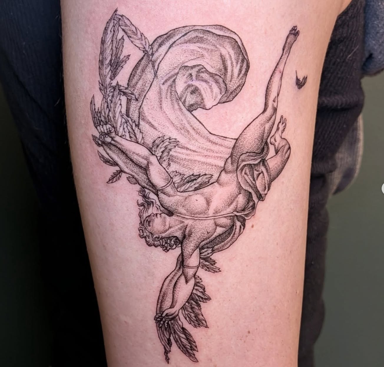 Mythological figures dotwork tattoo on the forearm by L U C y, Knoxville, Tennessee