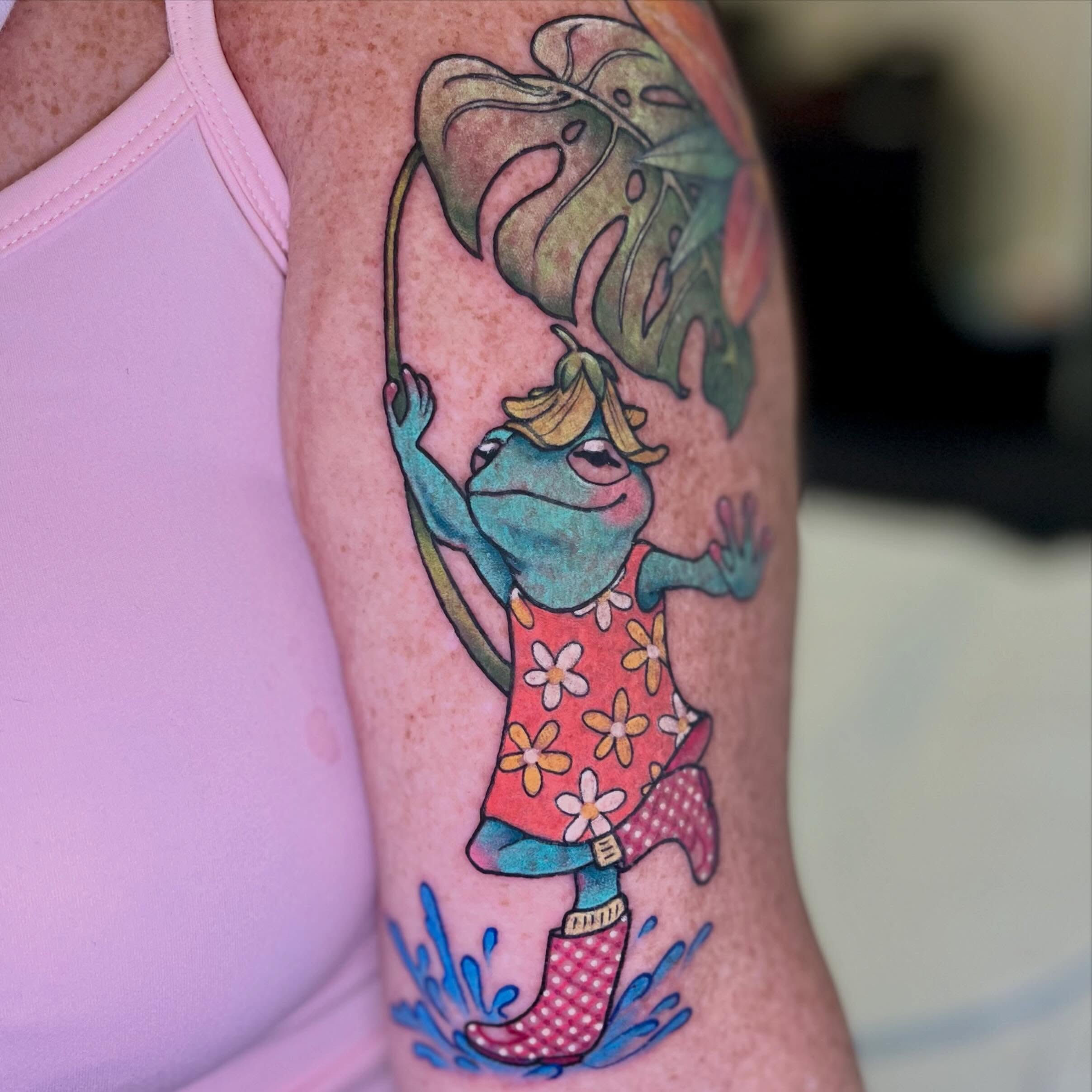 Frog in dress new school tattoo on the forearm by 🪴Amanda Lugo🪴 Ocala Tattoo Artist