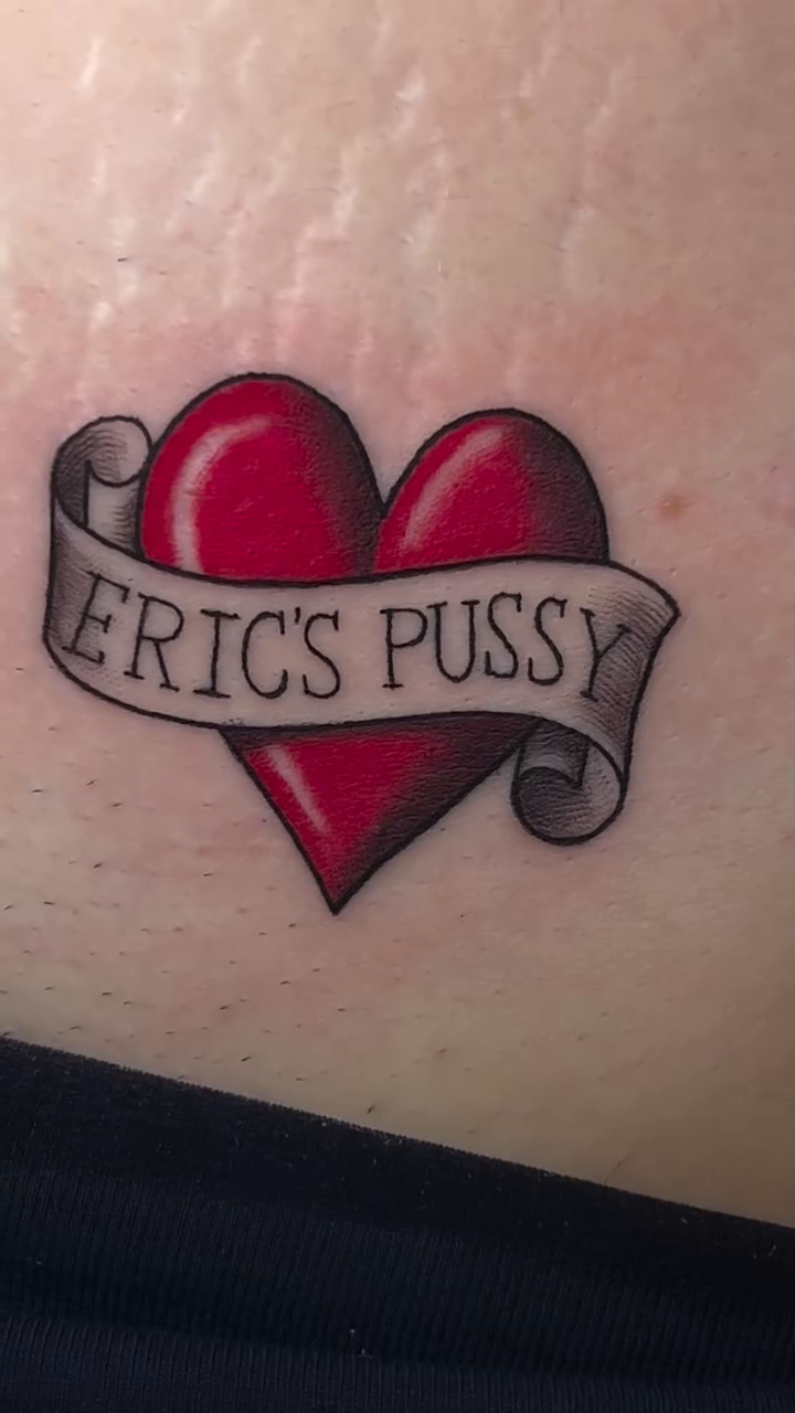 Red heart with banner American traditional tattoo on the forearm by Rafael Marte, White Plains, New York