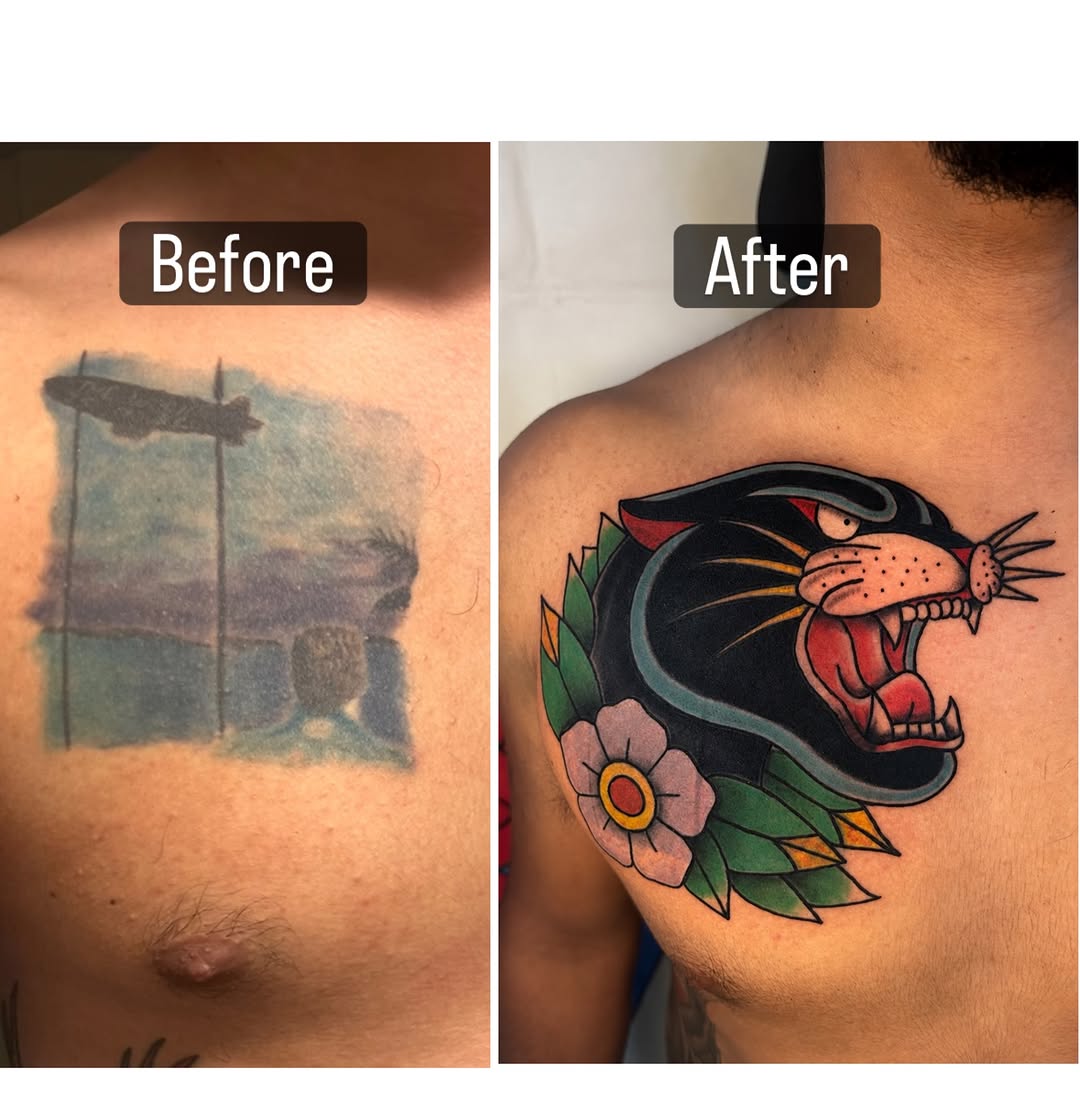Panther head with flower realism tattoo on the chest by Drew’s Tattoos (NH)