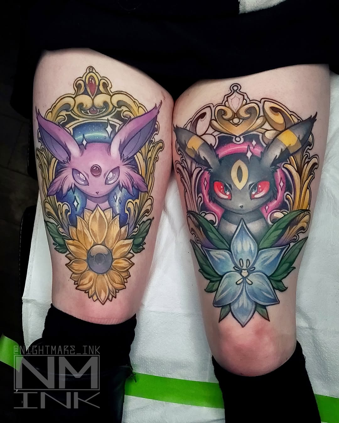 Eevee and Espeon new school tattoo on the thigh by Brandon Hildebrandt