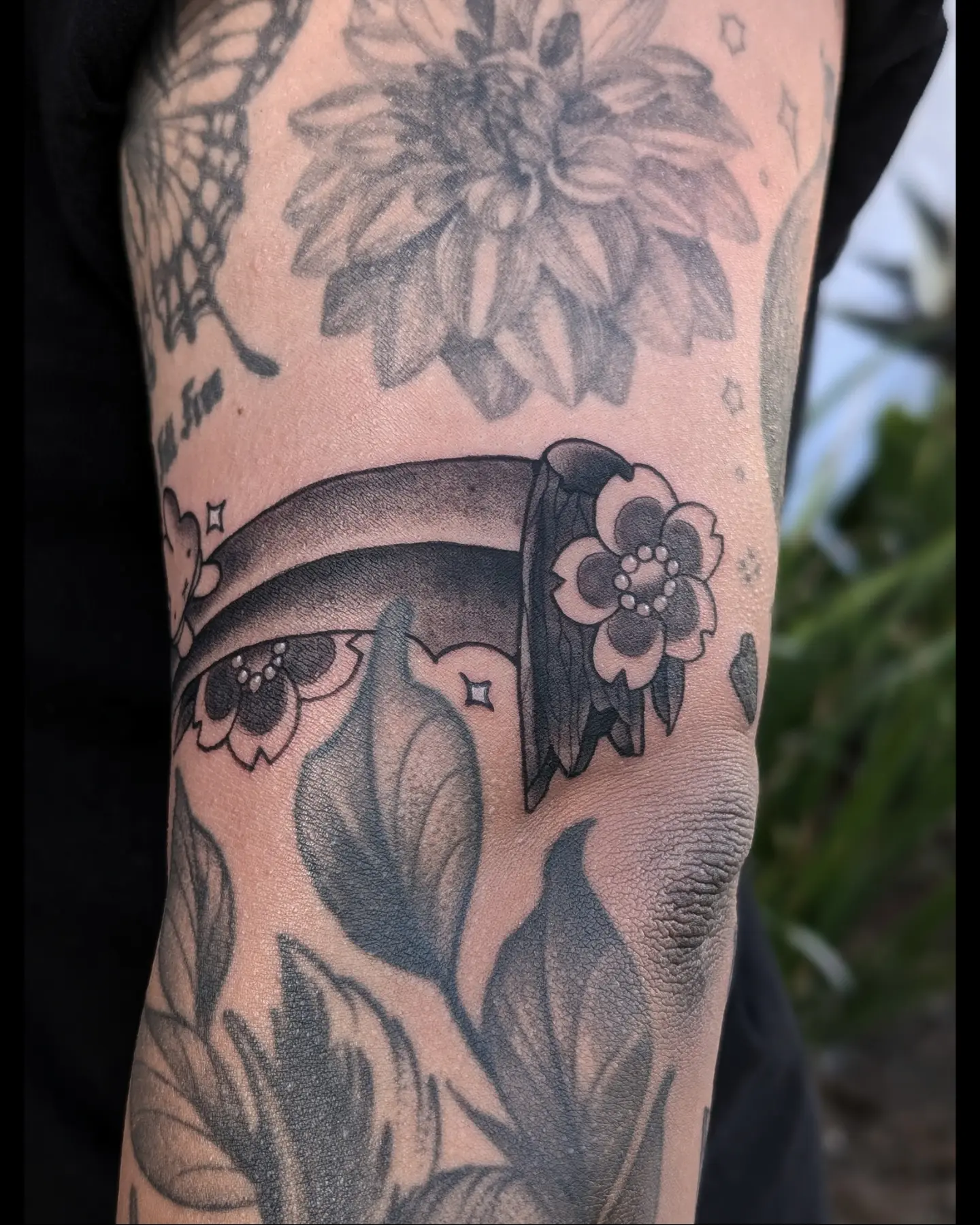 Floral arrangement black and grey tattoo on the forearm by ⓢⓐⓜ ✧*。