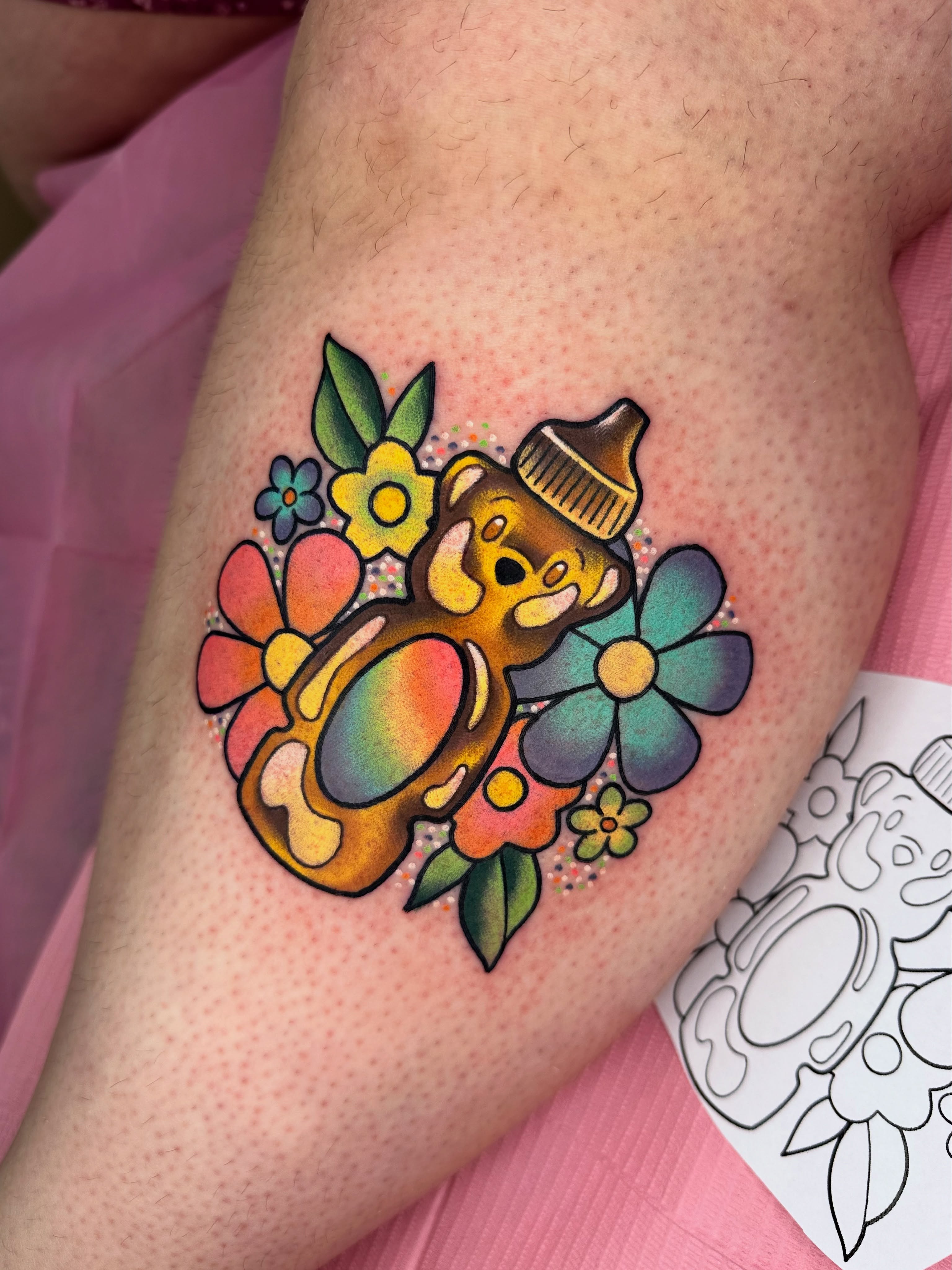 Teddy bear with pacifier new school tattoo on the forearm by Isabel