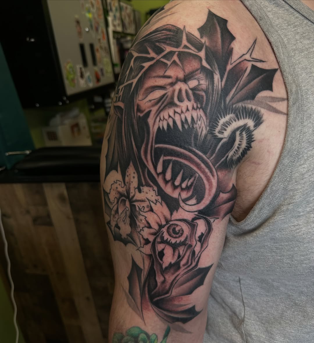Tattoo by @samdoestattoos โ dark_realism, black_and_grey