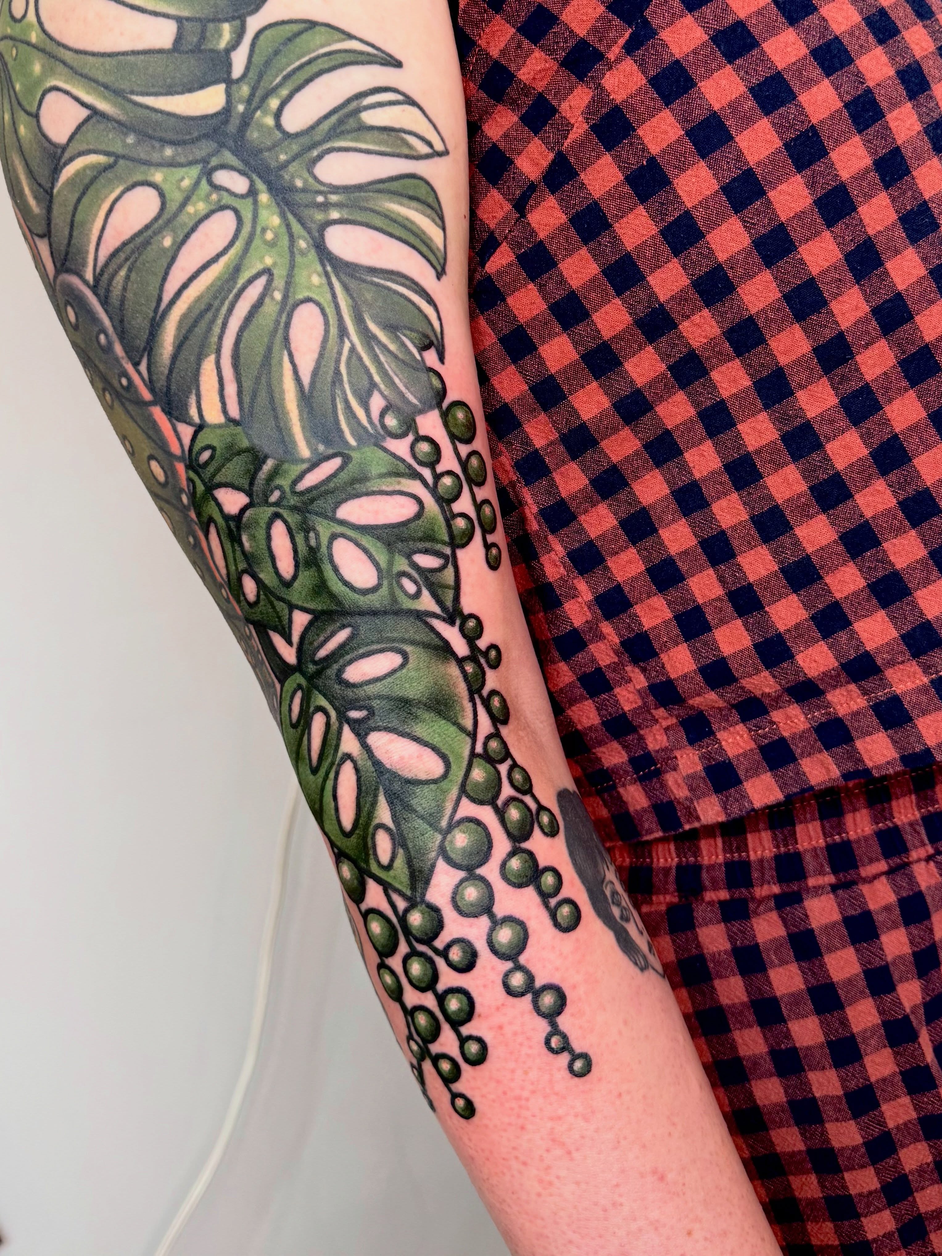 Monstera leaf dotwork tattoo on the forearm by 🪩 Marisa Rae Mathews 🪩, McKees Rocks, Pennsylvania