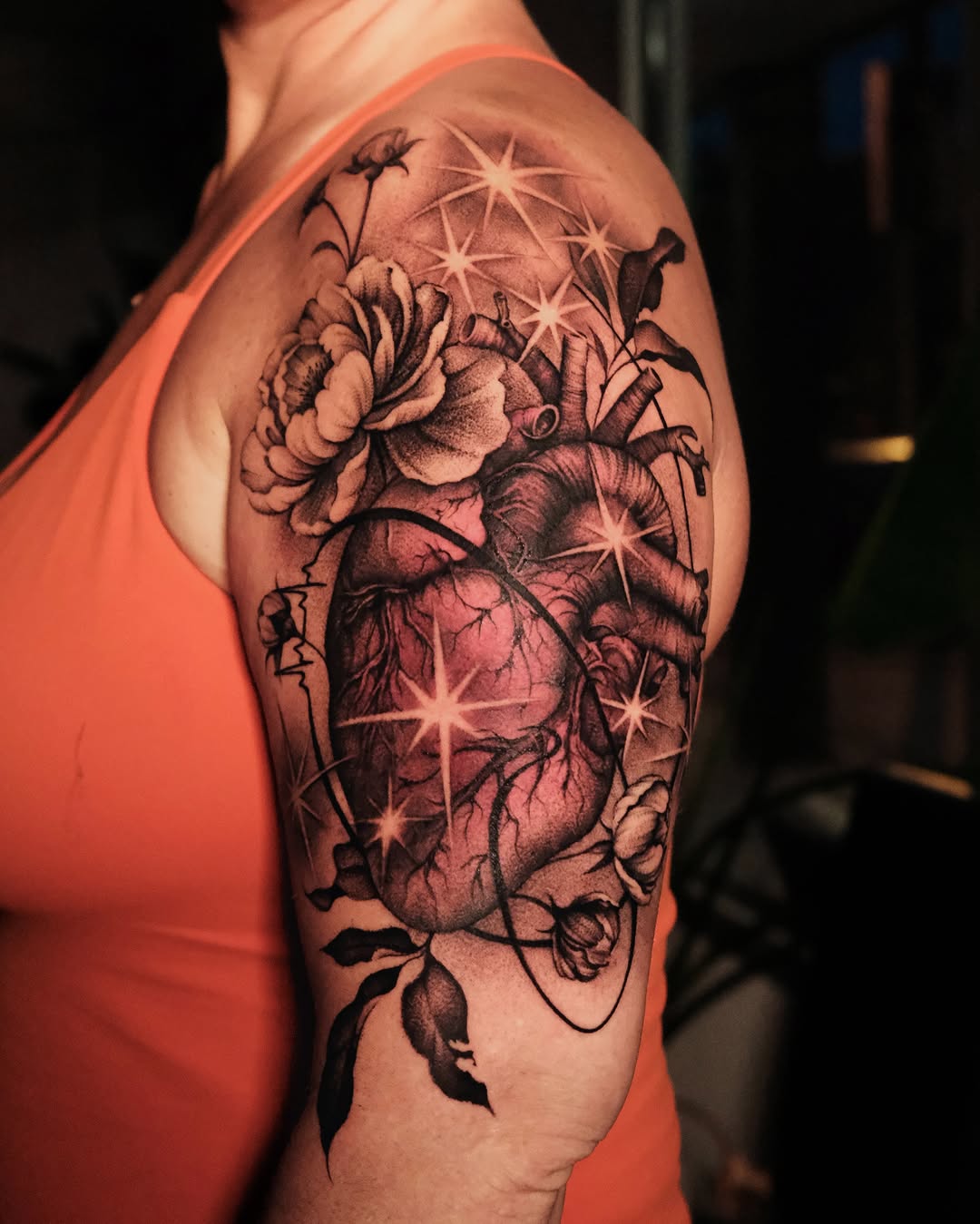 Anatomical heart with flowers sketch tattoo on the shoulder by Ohio Tattoo Artist - Tehya Maxwell, Springfield, Ohio