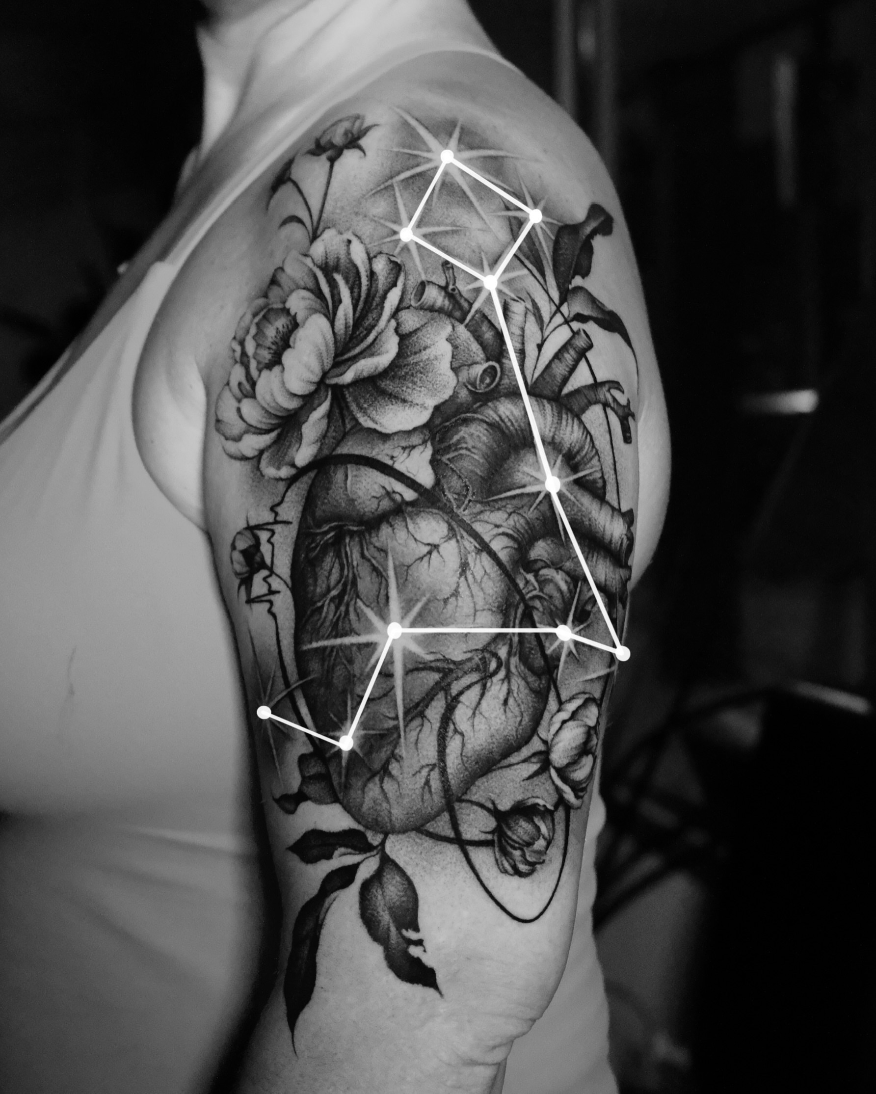 Anatomical heart with flowers and constellation sketch tattoo on the shoulder by Ohio Tattoo Artist - Tehya Maxwell, Springfield, Ohio