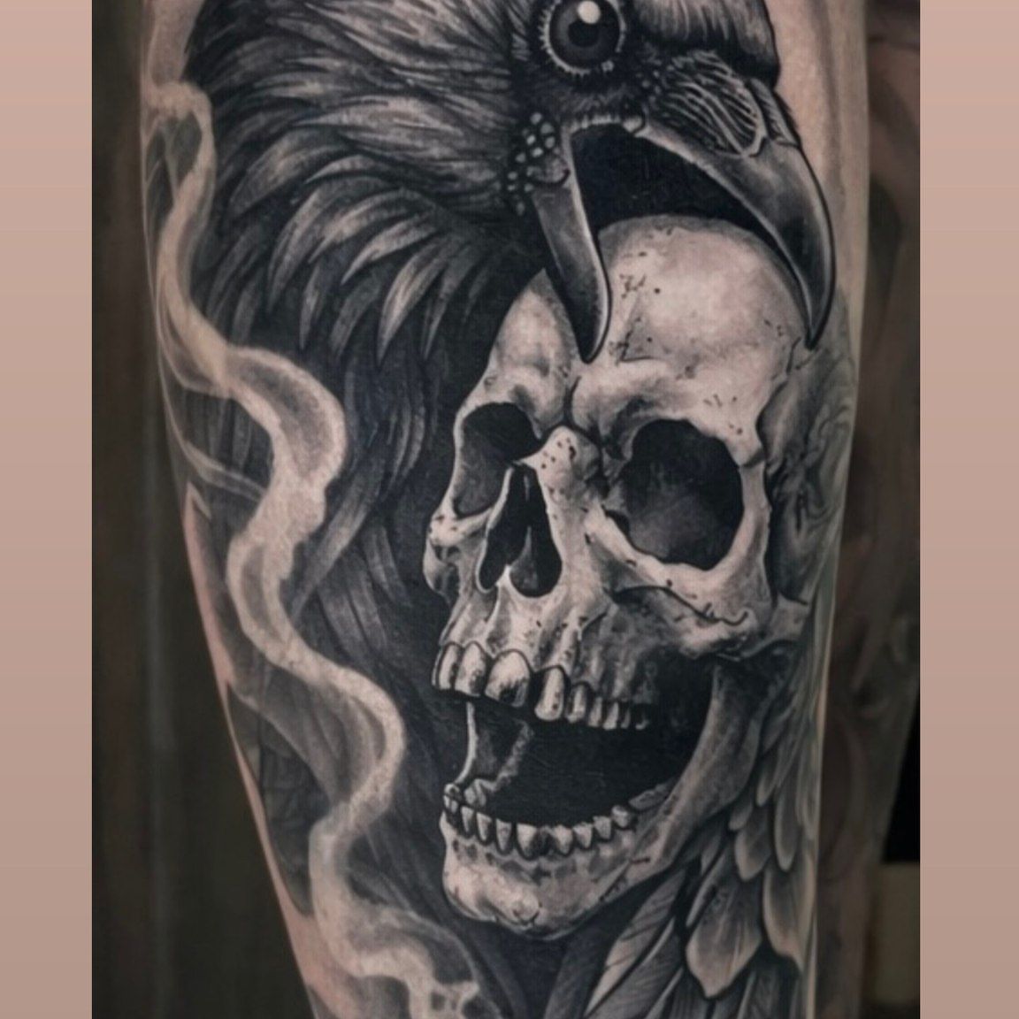 Skull with crow realism tattoo on the forearm by jersey ink tattoos, Elizabeth, New Jersey