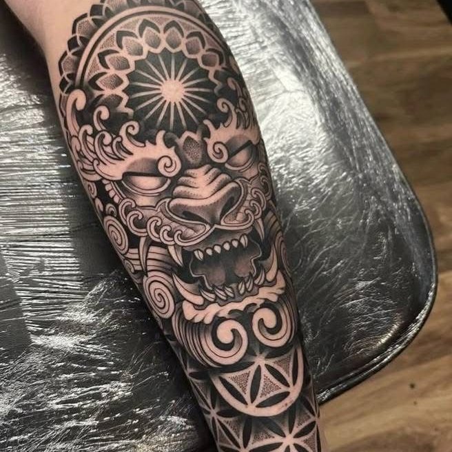 Mask japanese irezumi tattoo on the forearm by jersey ink tattoos, Elizabeth, New Jersey