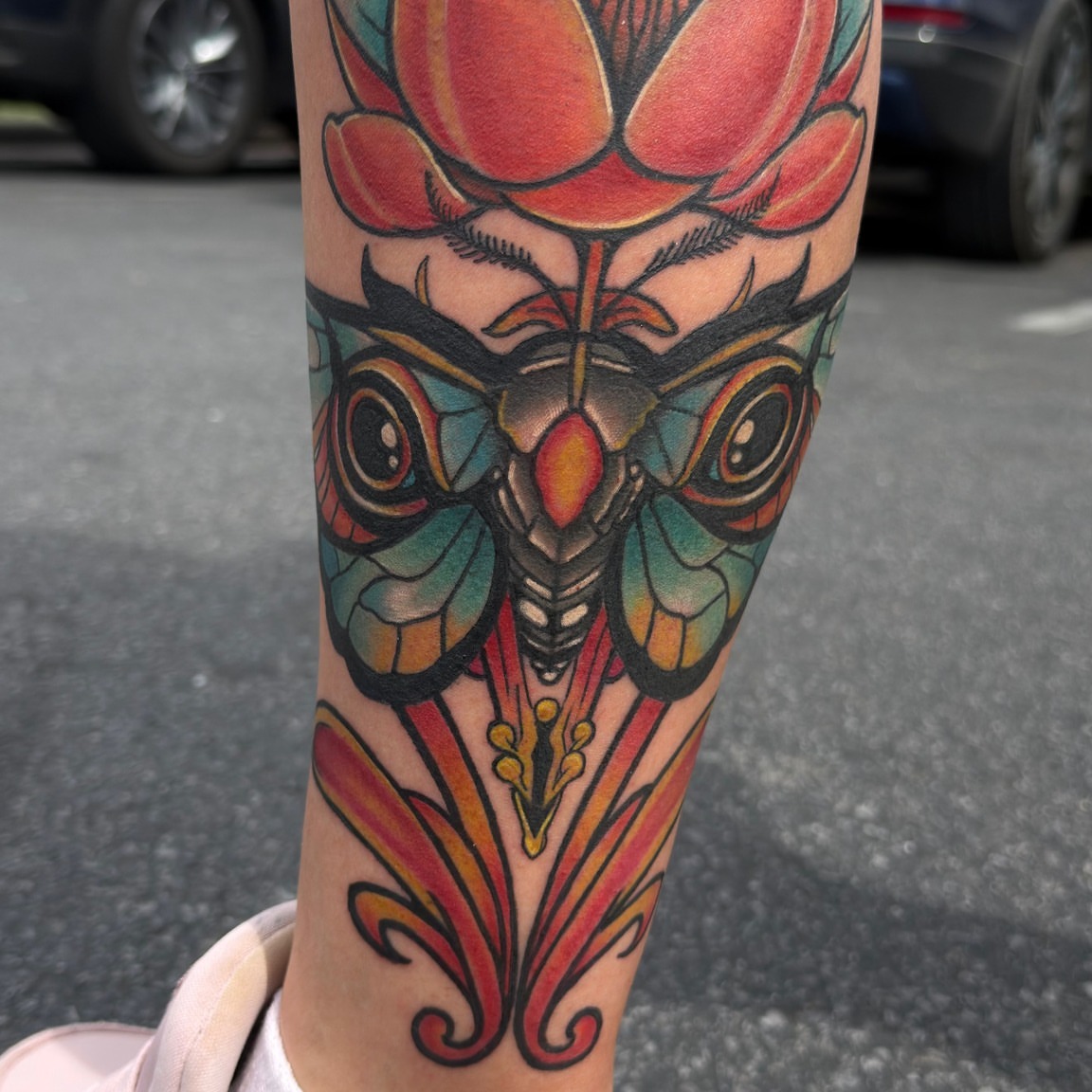 Butterfly American traditional tattoo on the forearm by jersey ink tattoos, Elizabeth, New Jersey