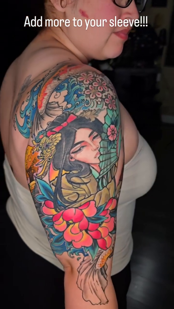 Geisha with koi and waves japanese irezumi tattoo by Tucker