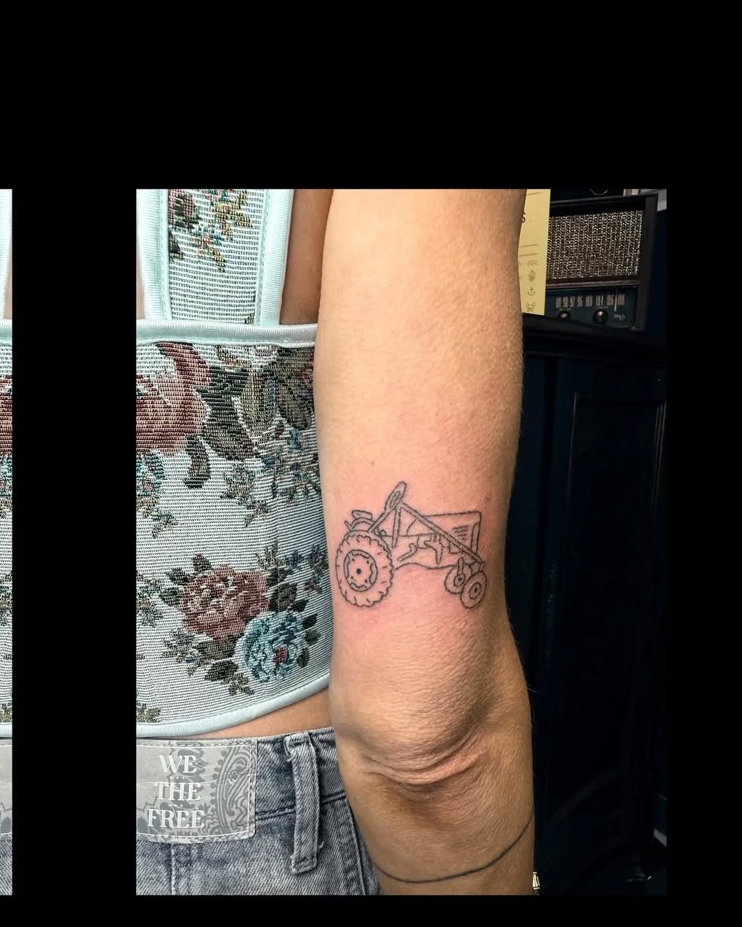 Tractor minimalist tattoo on the forearm by Obie Maggio