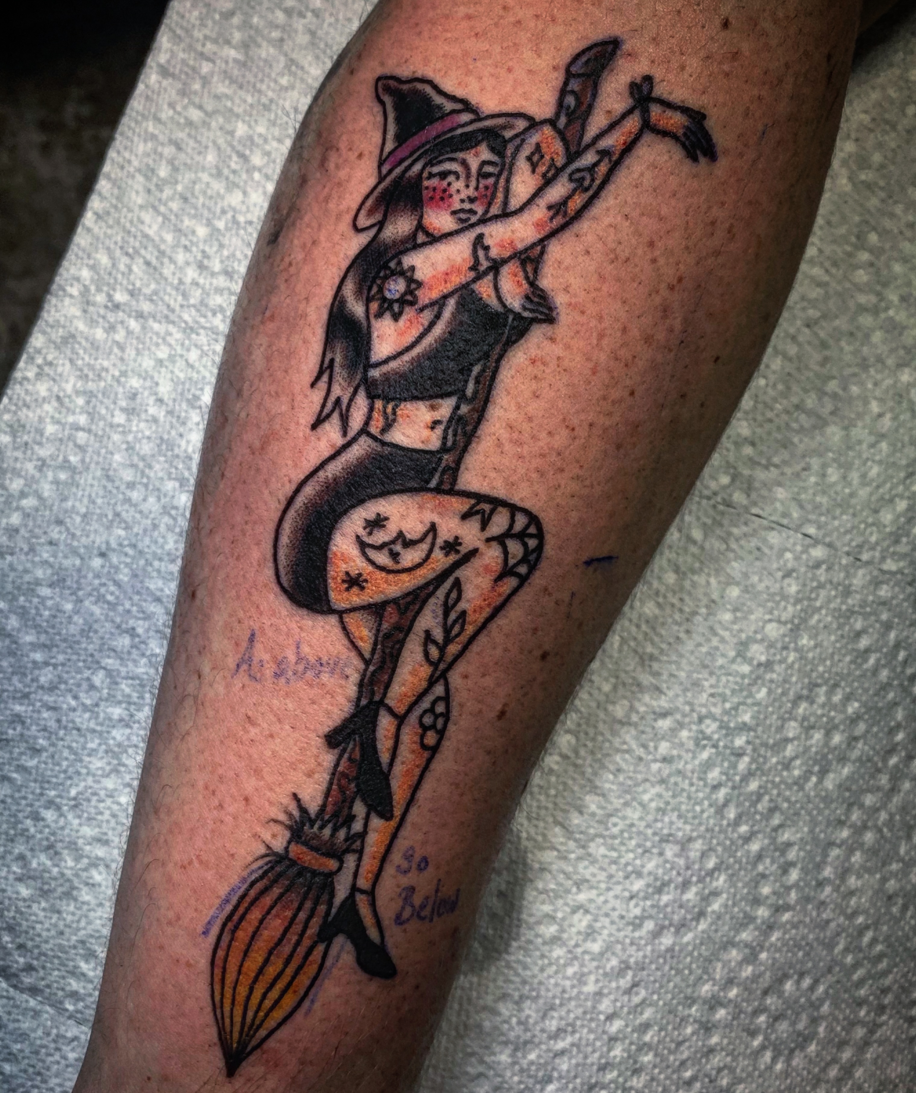 Witch on broomstick American traditional tattoo on the forearm by Randi Frey