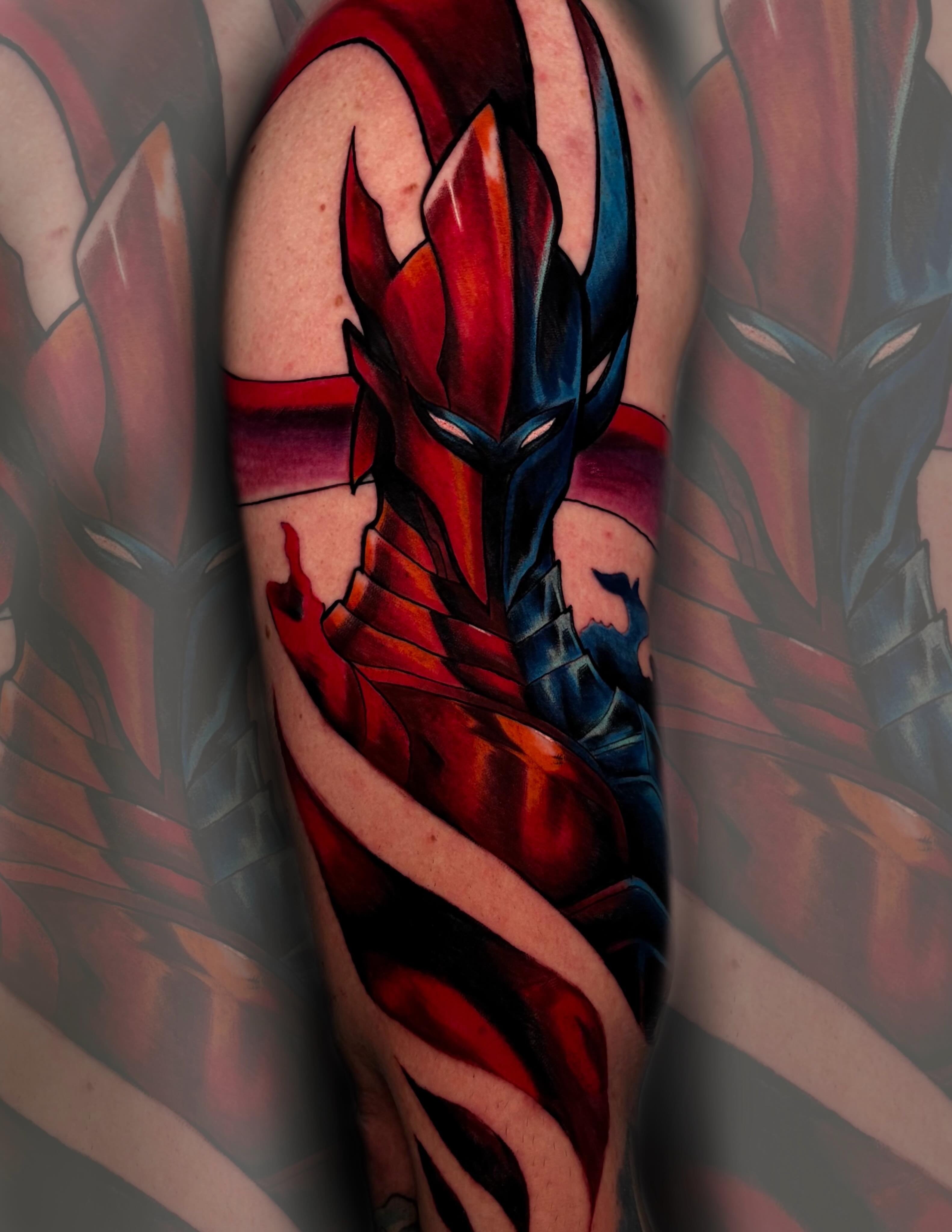 Red dragon anime tattoo on the forearm by Jess