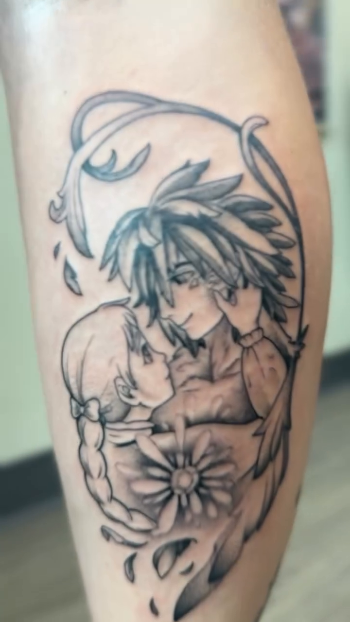 Tattoo by @rebecca.rose.tattoos — anime, black_and_grey