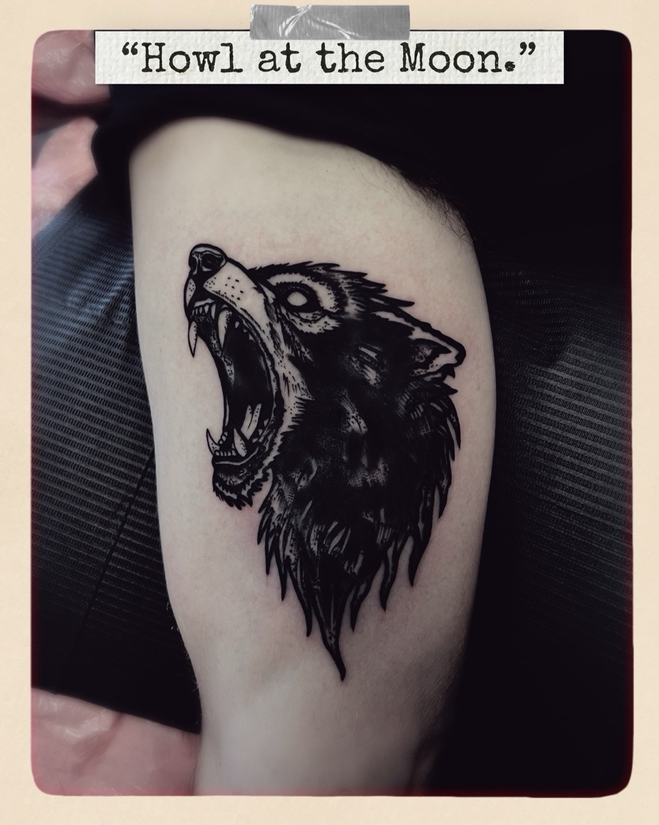 Wolf howling black and grey tattoo on the forearm by Hugh Anthony Washington, Hattiesburg, Mississippi