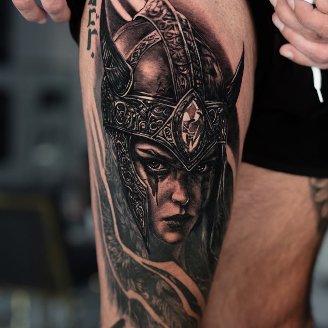 Viking warrior woman realism tattoo on the thigh by Keebs