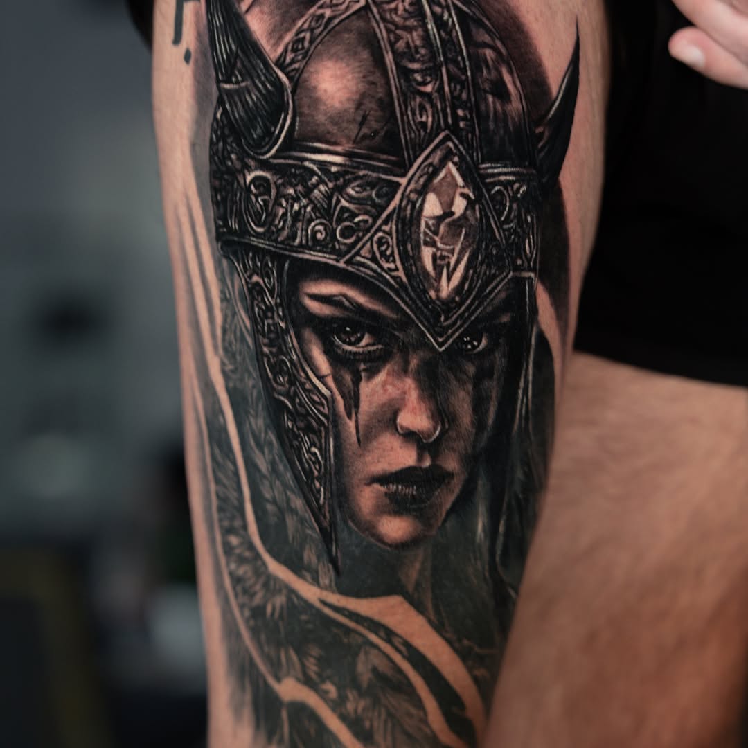 Viking warrior woman realism tattoo on the forearm by Keebs