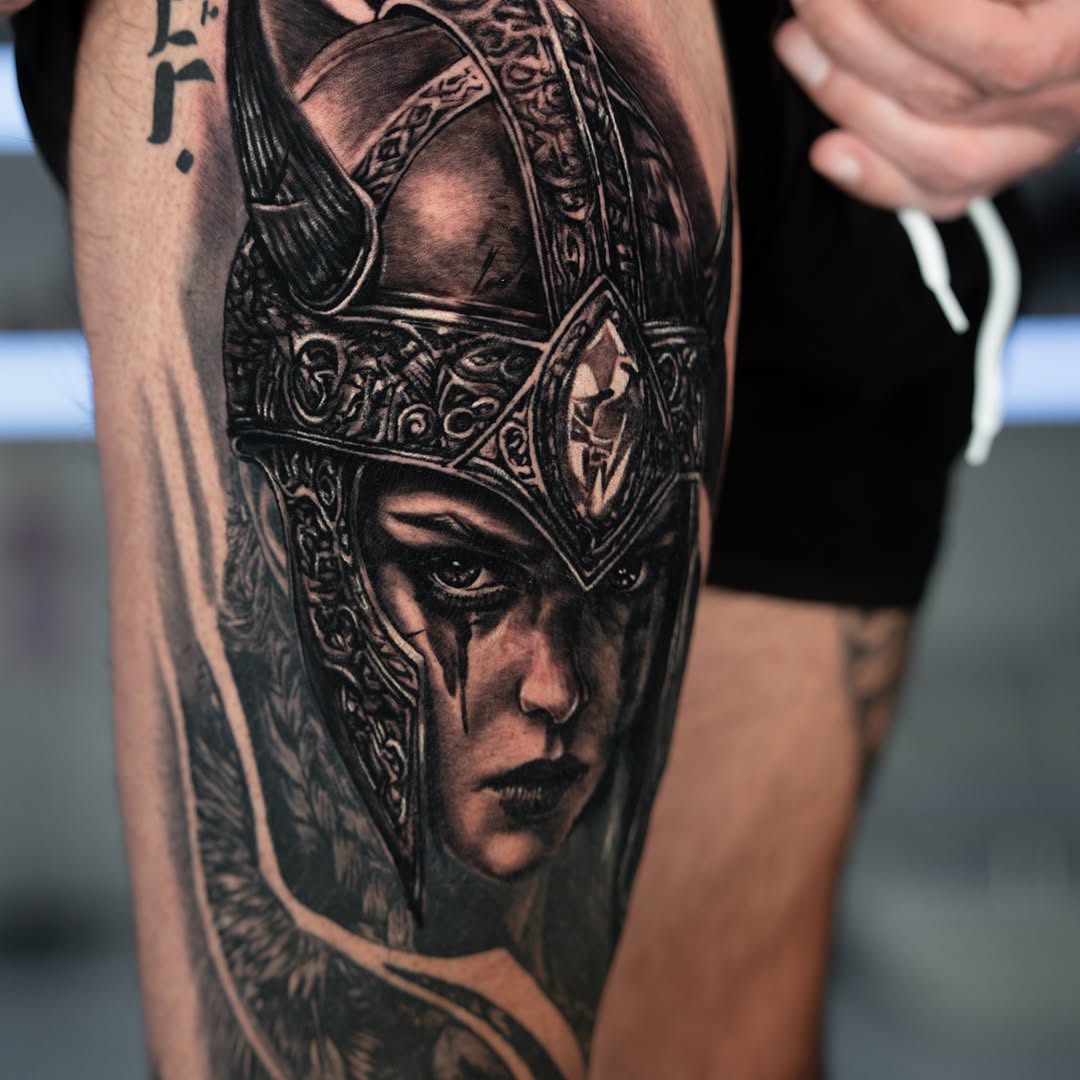 Viking warrior woman portrait realism tattoo on the forearm by Keebs