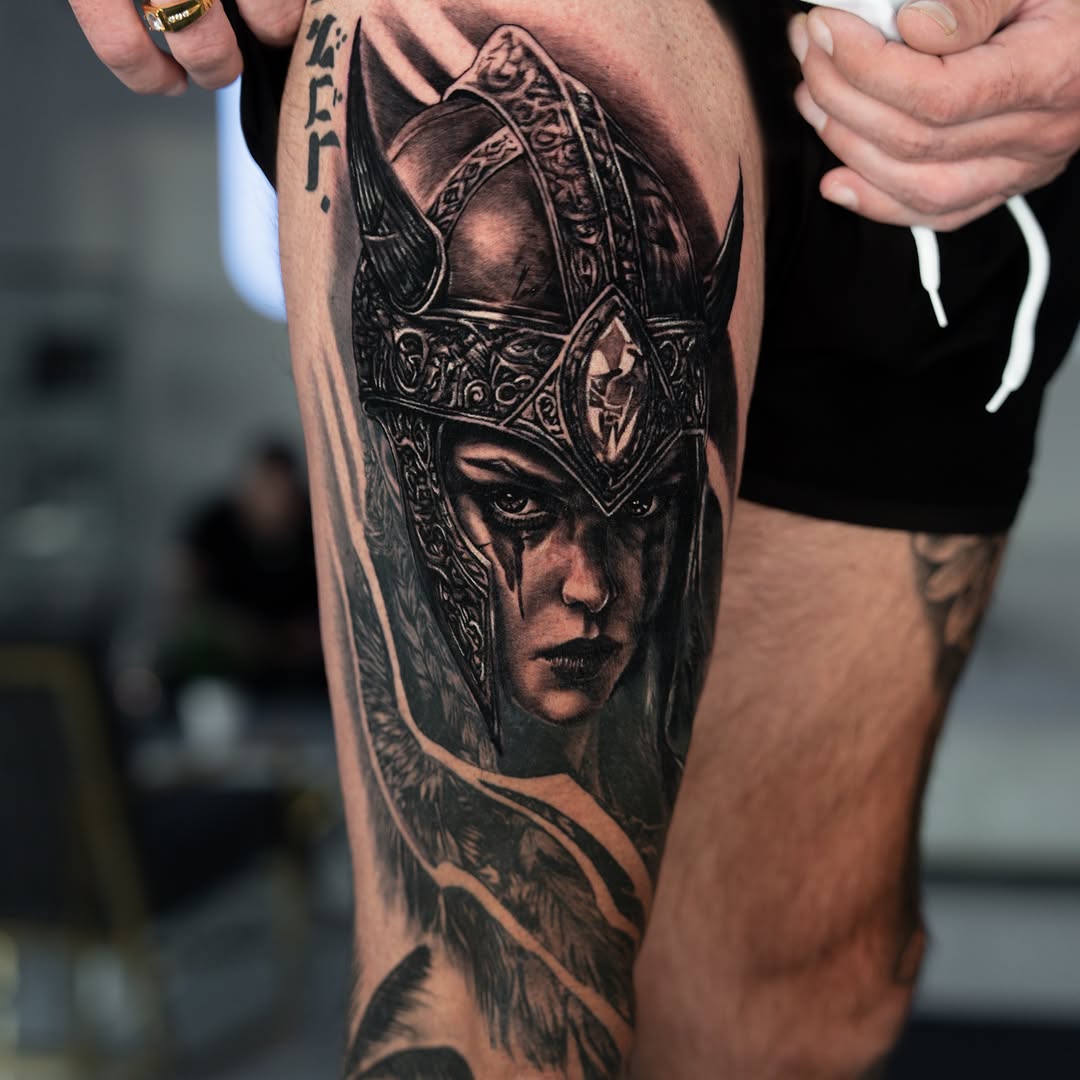 Viking woman portrait realism tattoo on the thigh by Keebs